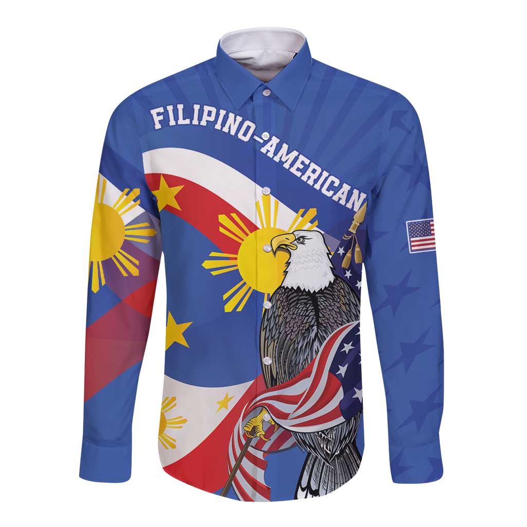 Personalized Filipino-American Long Sleeve Button Shirt Philippines Coat Of Arms with Bald Eagle - Wonder Print Shop