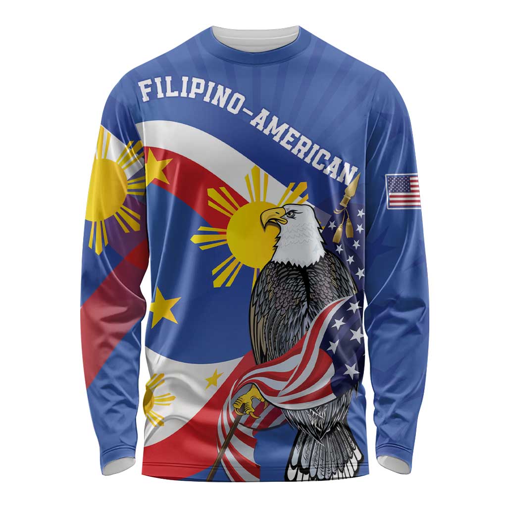 Personalized Filipino-American Long Sleeve Shirt Philippines Coat Of Arms with Bald Eagle - Wonder Print Shop