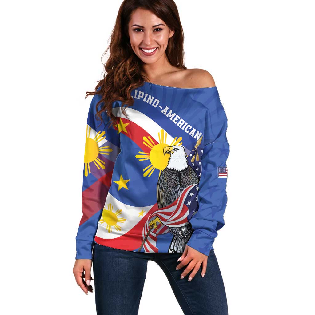 Personalized Filipino-American Off Shoulder Sweater Philippines Coat Of Arms with Bald Eagle - Wonder Print Shop