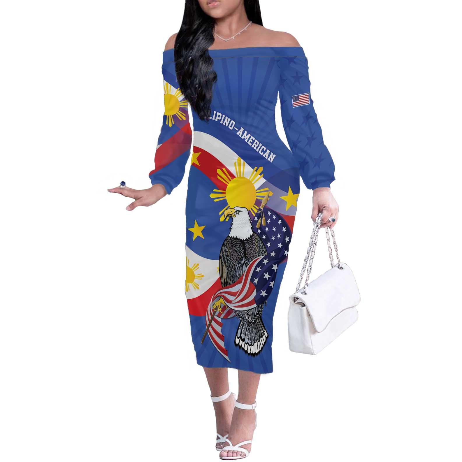 Personalized Filipino-American Off The Shoulder Long Sleeve Dress Philippines Coat Of Arms with Bald Eagle - Wonder Print Shop