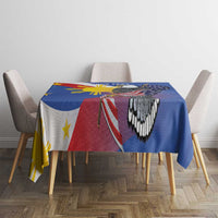 Blue tablecloth with eagle and sunburst flag-style design