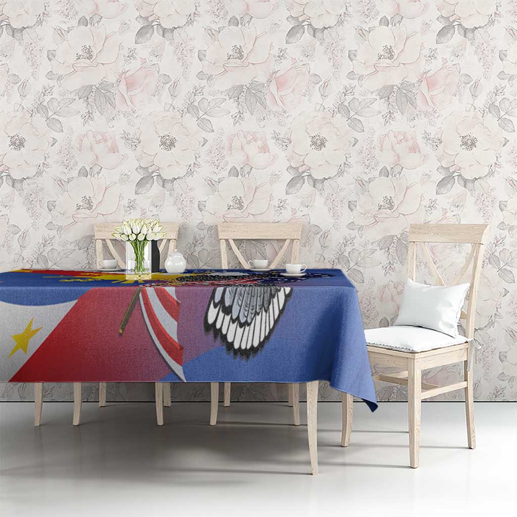Blue tablecloth with eagle and sunburst flag design