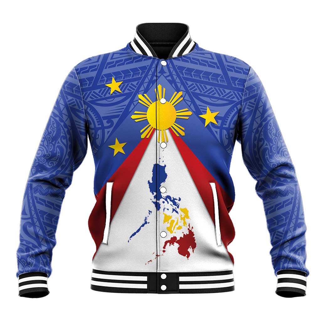 Blue baseball jacket with striped ribbed collar, front zip, Philippines sun map graphic