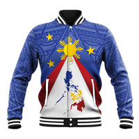Blue baseball jacket with striped ribbed collar, front zip, Philippines sun map graphic