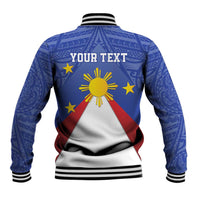 Blue baseball jacket back with 'YOUR TEXT' and sun Philippines flag graphic, ribbed cuffs