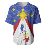 Blue baseball jersey with sun emblem, stars, and Philippines map front