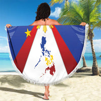 Round Philippines flag beach blanket with sun rays and stars motif, white tassel fringe