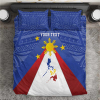 Blue bedding set flat lay with flag triangle map, golden sun and stars, two pillows