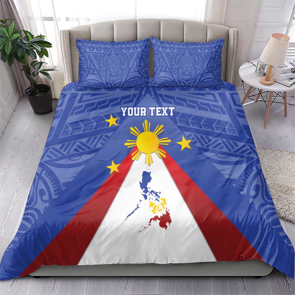 Blue bedding set with flag triangle map, golden sun and stars, two matching pillowcases