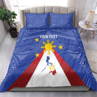 Blue bedding set with flag triangle map, golden sun and stars, two matching pillowcases