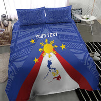 Blue bedding set close view with flag triangle map, golden sun motif, two pillows