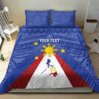 Blue bedding set with map-and-sun graphic, red/white flag triangle, two matching pillows
