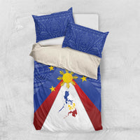 Blue bedding set with flag triangle map, golden sun and stars, two pillowcases on white bed