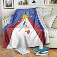 Blue throw blanket featuring Philippines map, eight-rayed sun, yellow stars, red and white