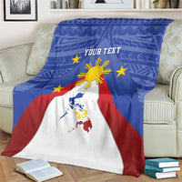Blue Philippines map sun blanket with yellow rays, star accents, red and white patterned border