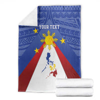 Blue personalized Philippines blanket with eight-rayed sun, stars, red and white map panel