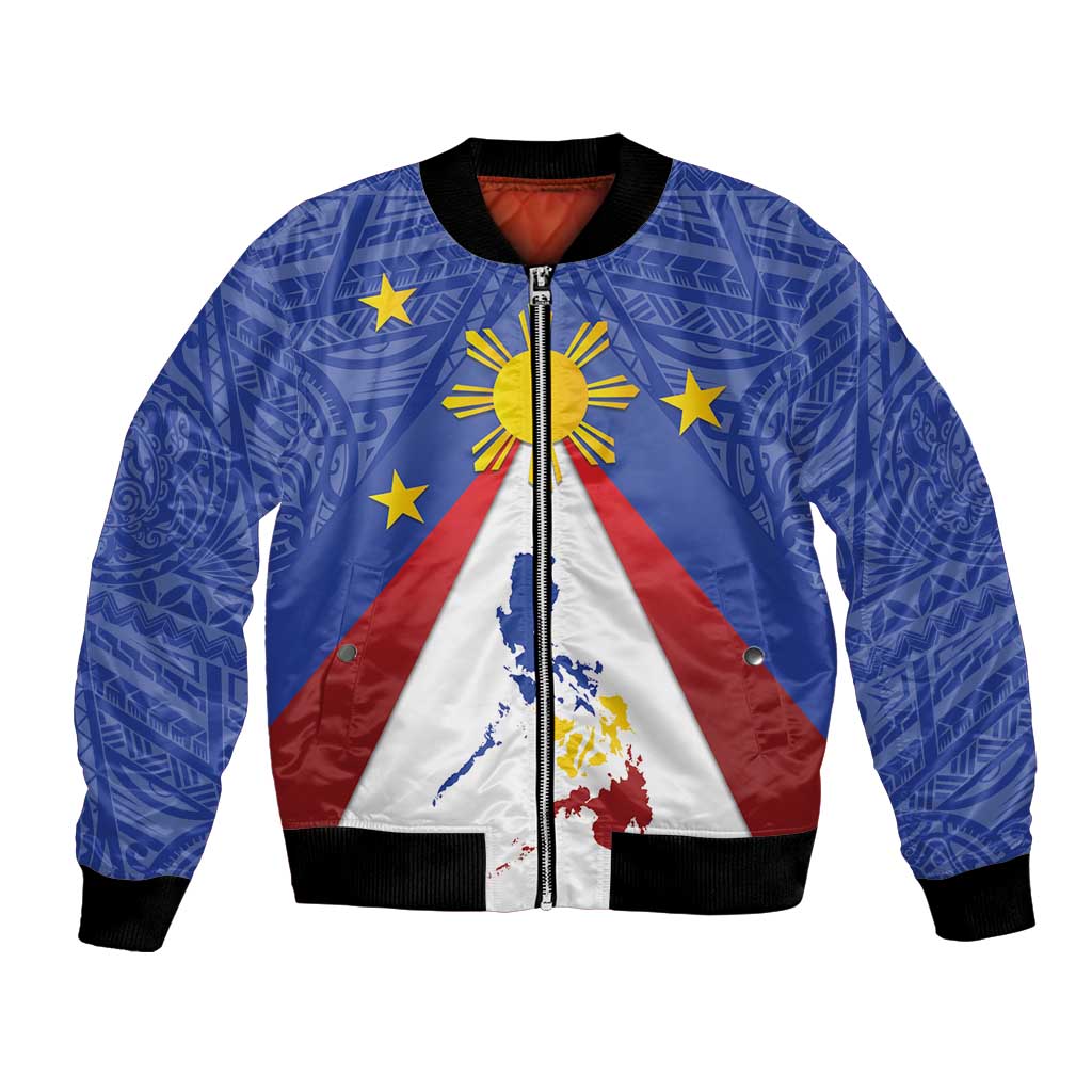 Blue bomber jacket front with full-zip, sun and stars over red/white/blue triangle
