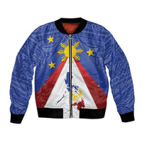 Blue bomber jacket front with full-zip, sun and stars over red/white/blue triangle