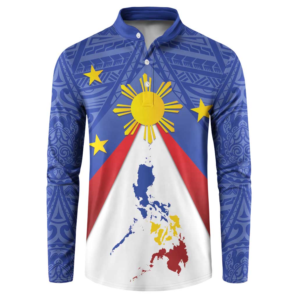 Blue long-sleeve button sweatshirt with front Philippines map and yellow sun with radiating rays