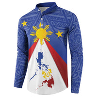 Blue long-sleeve button sweatshirt with Philippines map, yellow sun and stars graphic