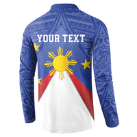 Blue long-sleeve button sweatshirt, back "YOUR TEXT" with sun and star Philippines graphic