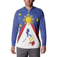 Blue long-sleeve button sweatshirt with front Philippines map, red/white rays, yellow stars