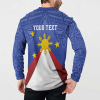 Blue sweatshirt back view with "YOUR TEXT", yellow sun, stars, and Philippines map graphic