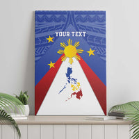 Personalized canvas wall art with sunburst, stars, Pilipinas map, blue background and red rays, “YOUR TEXT”.