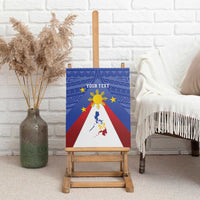 Sunburst Pilipinas wall canvas art with wooden easel-style stand, blue and red rays, stars, “YOUR TEXT”.