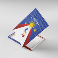 Personalized wall canvas art angled view, blue background with sunburst, stars, Pilipinas map, “YOUR TEXT”.