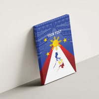 Personalized wall canvas art corner view, blue sunburst and stars over red rays and white Pilipinas map.