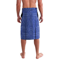 Blue lavalava skirt with tribal pattern and repeating geometric motifs