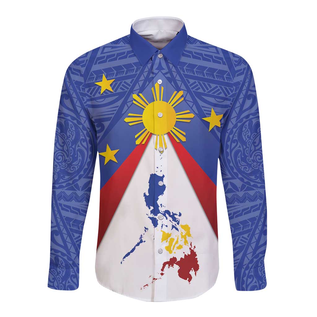 Blue long-sleeve button shirt with front sun, stars, and Philippines map illustration