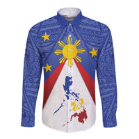 Blue long-sleeve button shirt with front sun, stars, and Philippines map illustration