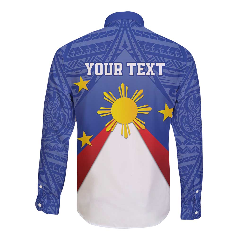 Blue long-sleeve button shirt with back graphic sun, stars, and Philippines map