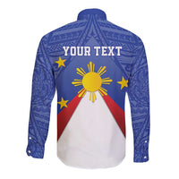 Blue long-sleeve button shirt with back graphic sun, stars, and Philippines map