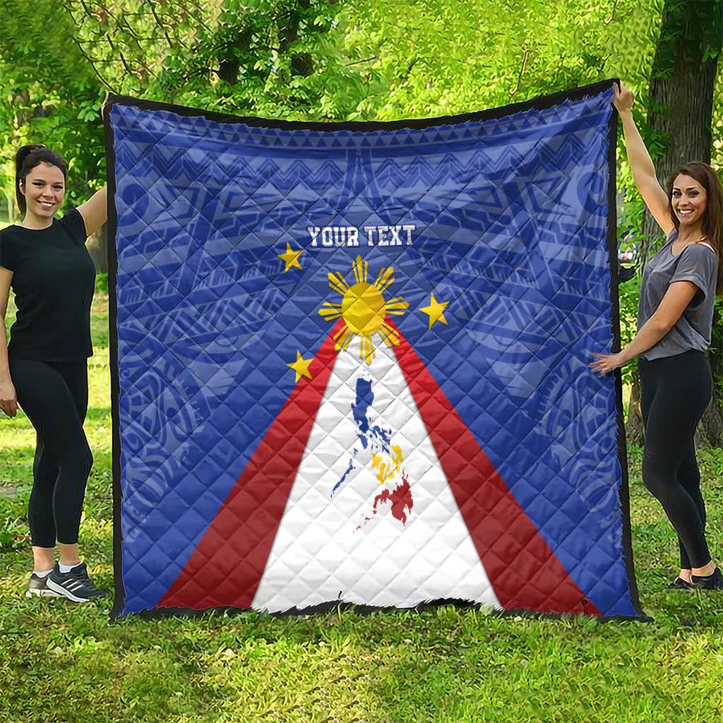 Blue personalized quilt displayed with Philippines map, eight-rayed sun, and red white flag rays