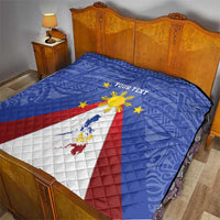 Blue personalized quilt with Philippines map, eight-rayed sun, stars, and red white flag bands