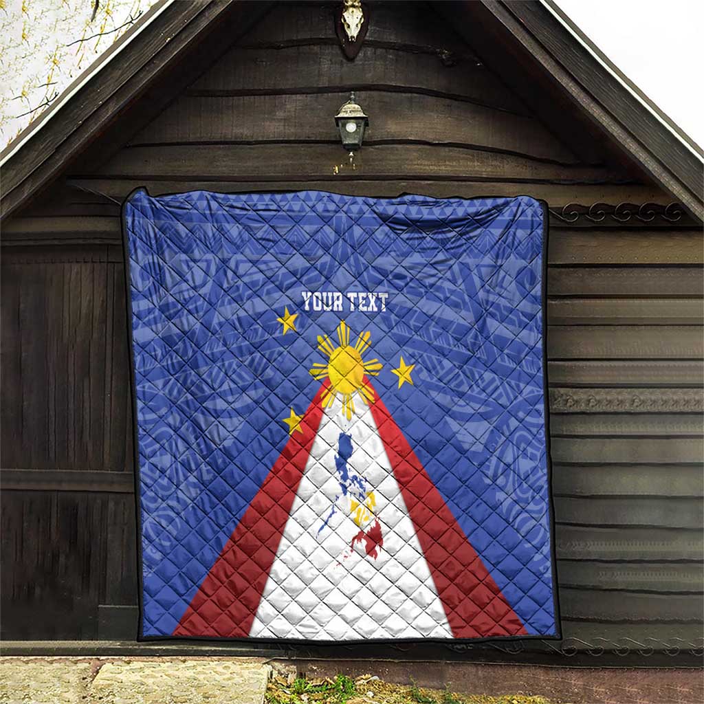 Blue personalized quilt with Philippines map, eight-rayed sun, stars, red and white rays