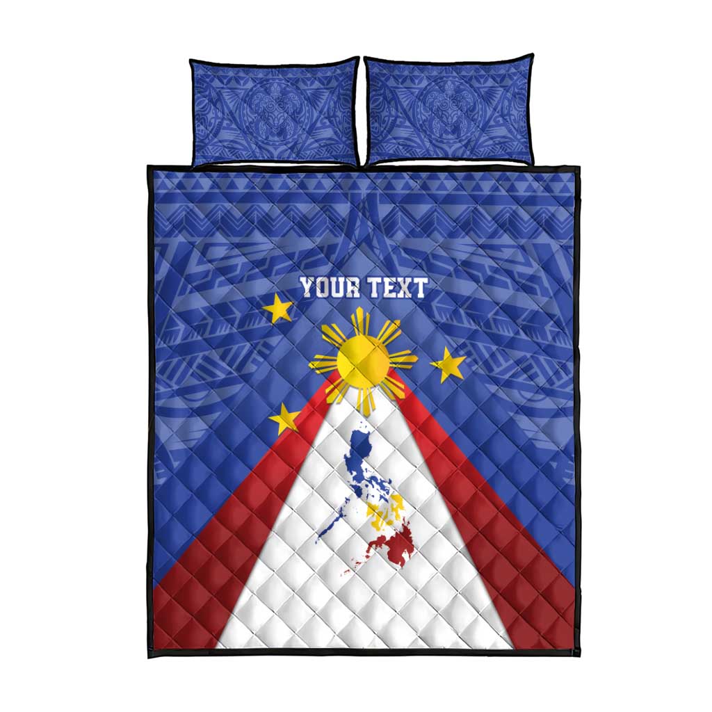Blue quilt bed set with two pillows; Philippines map, eight-rayed sun motif, red white rays