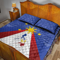 Blue quilt bed set with Philippines map and eight-rayed sun, red white design; two pillows