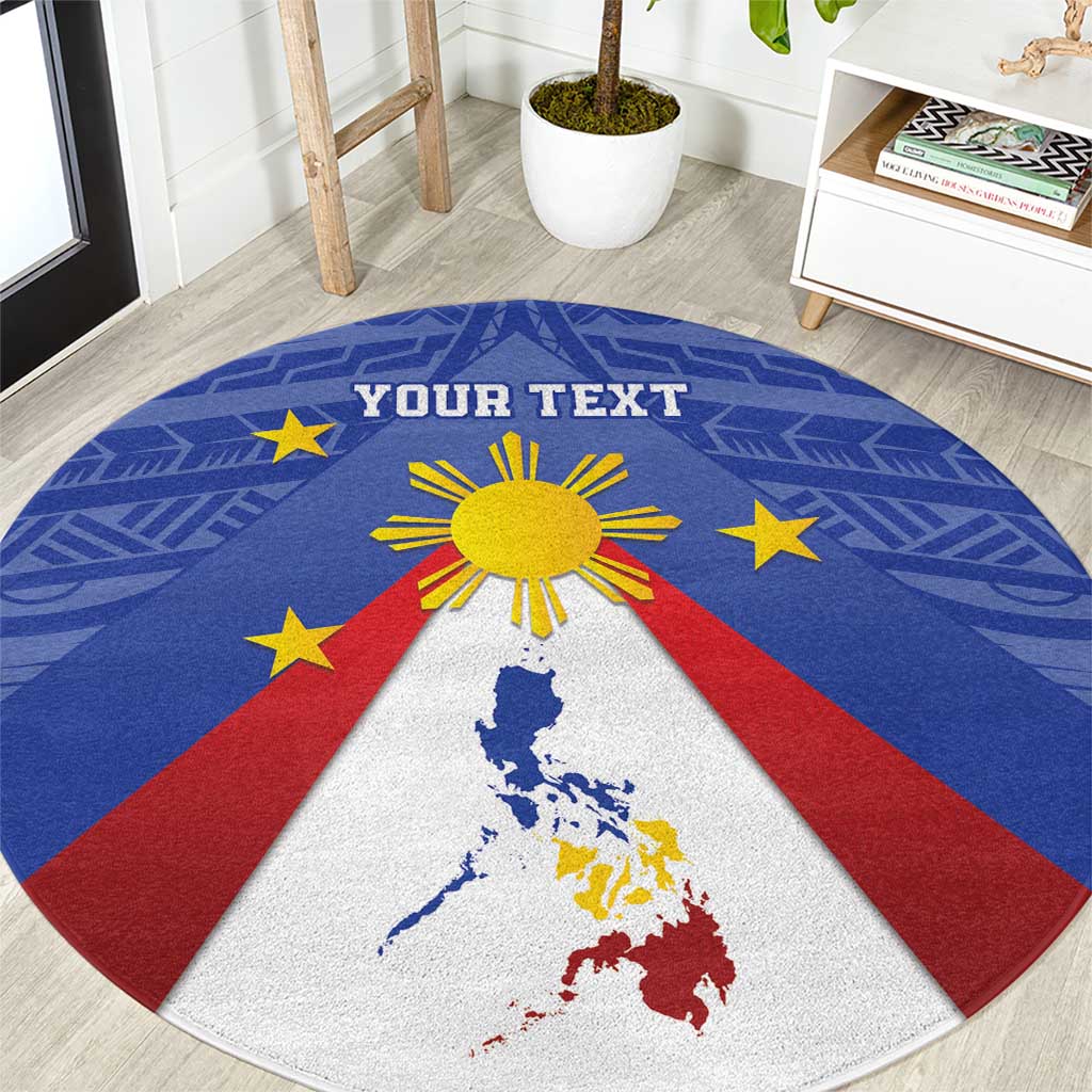 Round blue Pilipinas map carpet with sun emblem, red stripes, yellow stars, and 'YOUR TEXT'
