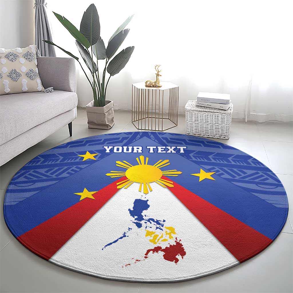 Round blue carpet with Pilipinas map, yellow sunburst, red diagonal band, and scattered stars