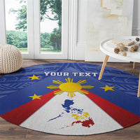 Round blue carpet with Pilipinas map, yellow sunburst, red diagonal stripes, and yellow stars