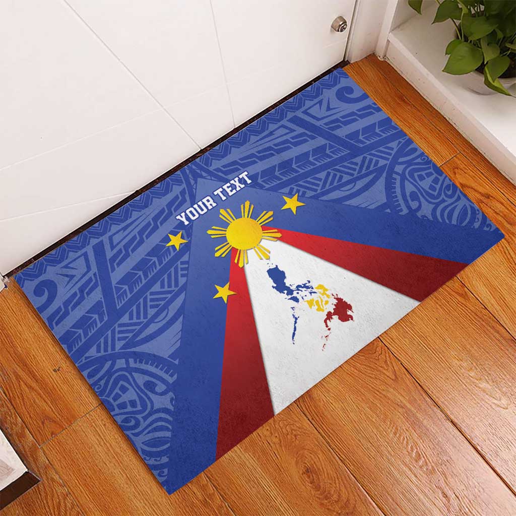 Blue rubber doormat with Philippines map, yellow sun, red rays, stars and custom text
