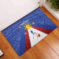 Blue rubber doormat with Philippines map, yellow sun, red rays, stars and custom text