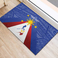 Blue personalized doormat with Philippines map, sun emblem, red rays and decorative border
