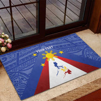 Blue rubber doormat featuring Philippines map, sun center, stars and red diagonal rays