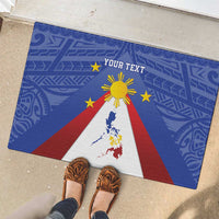 Blue personalized doormat with Philippines map, yellow sun, star accents and geometric patterns