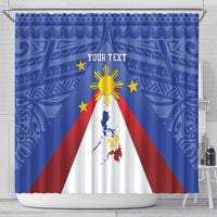 Blue shower curtain with Philippines map, sun rays, red and white tri-color design